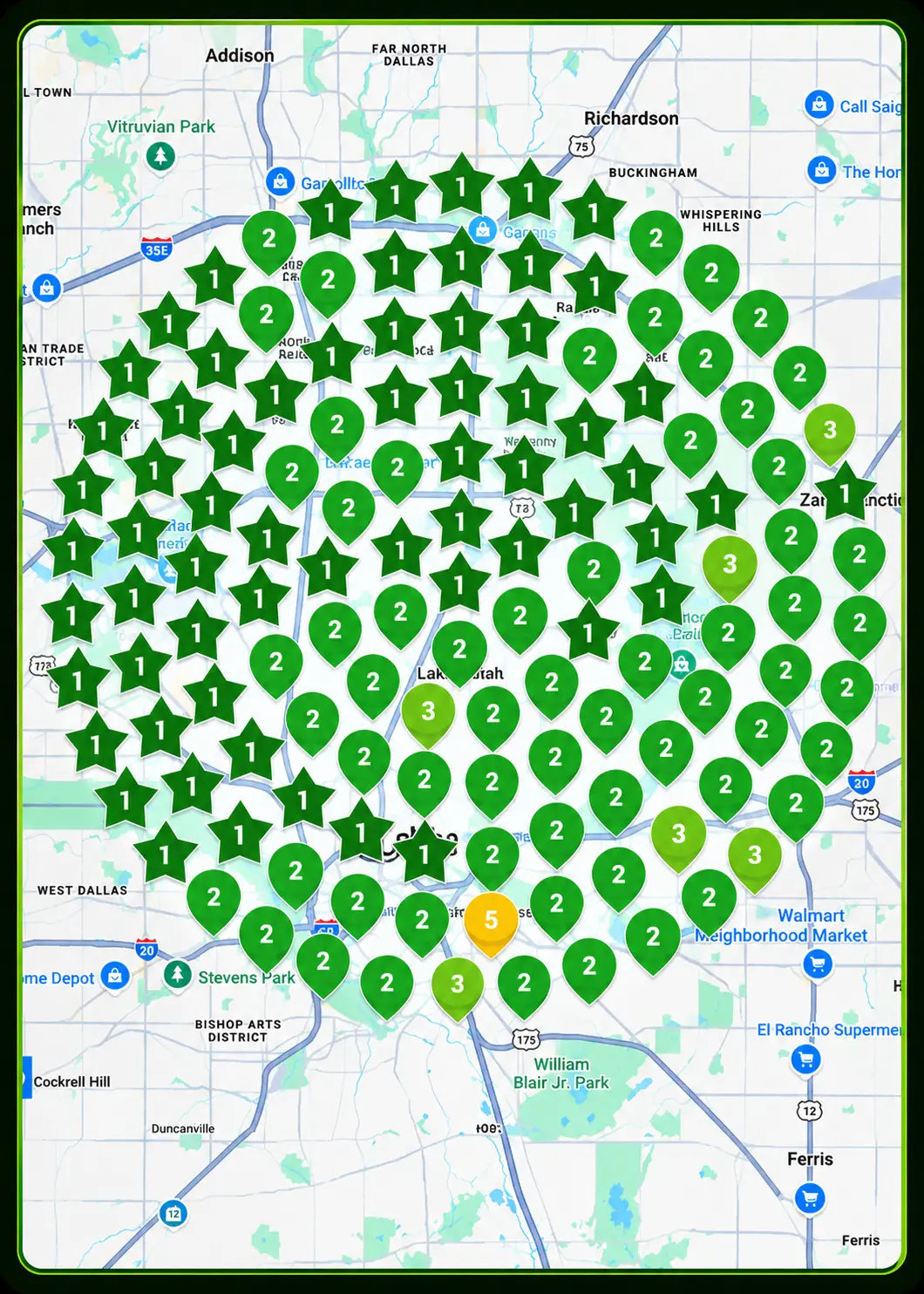 Pest control Google Maps geo-grid rankings showing local search visibility across Dallas service areas