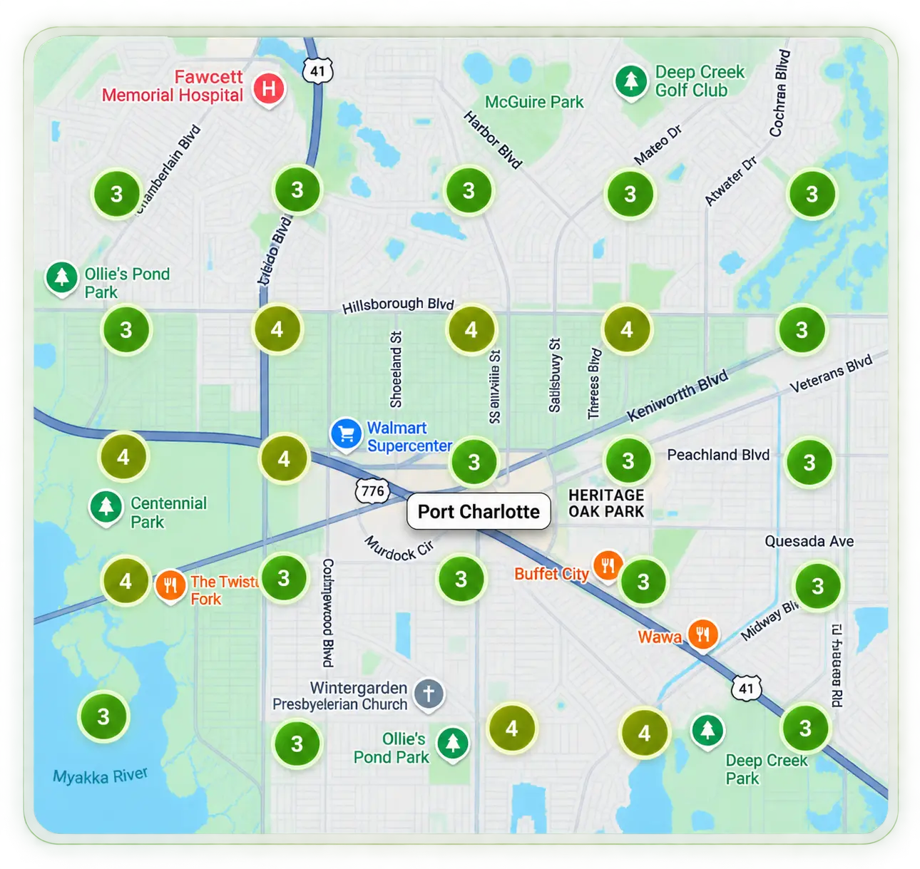 Google Maps SEO geo grid for a water damage restoration company showing local ranking coverage across Port Charlotte, Florida.